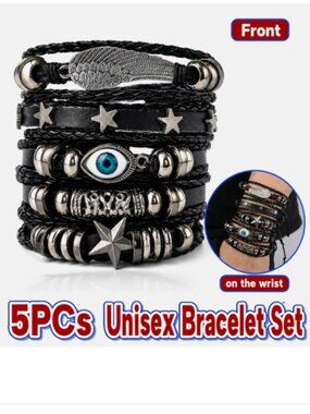 5x Set Unisex Evil Eye Bracelet Faux Leather Braided Star Charm Stack Adjustable
